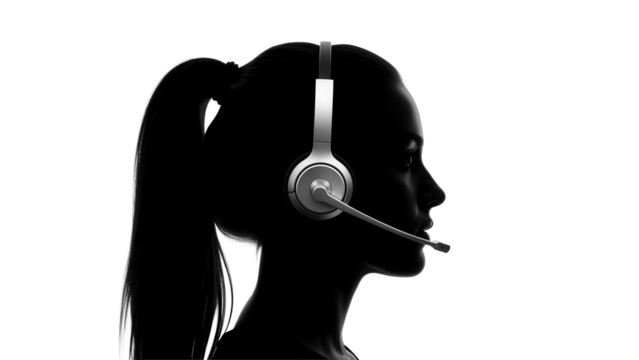 Silhouette of a woman with headset isolated PNG on transparent background, customer service representative or call center agent - Powered by Adobe