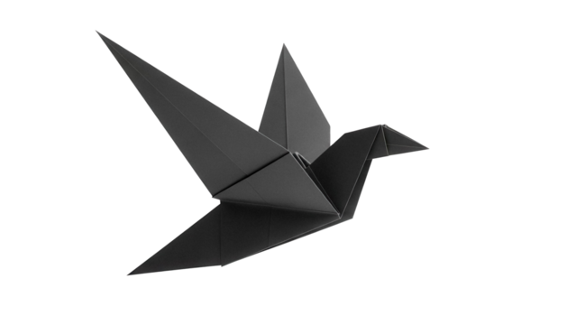 Dark gray origami crane PNG isolated on transparent background, folded paper bird for design and decoration use