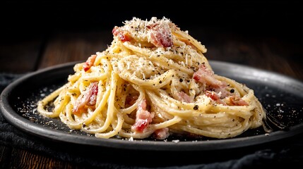 Fototapeta premium Side view of authentic Italian spaghetti carbonara creamy sauce pancetta Parmesan cheese and black pepper styled elegantly on a dark textured backdrop