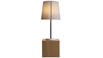 Modern table lamp with a rectangular wooden base and fabric shade, bright light