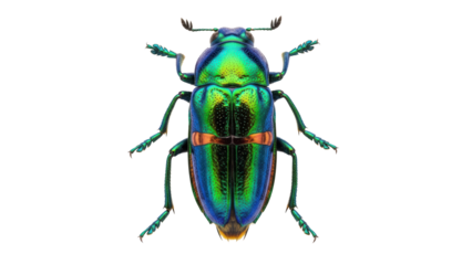 Jewel beetle isolated PNG on transparent background, iridescent insect with metallic green and blue colors for design and educational use