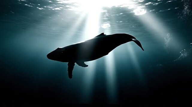 Majestic Whale Silhouette in Deep Ocean with Sun Rays Piercing Through Dark Blue Water