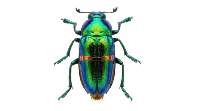 Jewel beetle isolated PNG on transparent background, iridescent insect with metallic green and blue colors for design and educational use