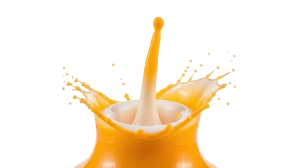 Orange juice splash isolated PNG on transparent background, refreshing drink with vibrant color and dynamic movement for beverage concepts