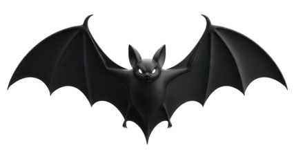 Menacing black bat with glowing eyes isolated PNG, Halloween creature with spread wings on transparent background, spooky nocturnal animal