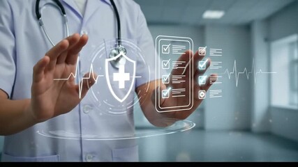 Medical professional interacting with futuristic digital health interface, symbolizing patient data security, modern healthcare technology, and med... - Powered by Adobe
