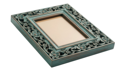 Ornate turquoise picture frame PNG isolated on transparent background, vintage carved wood photo frame for home decor and display