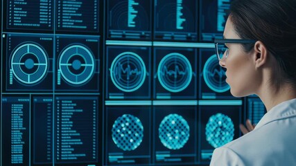 Medical technology expert analyzing brain scan data on digital interface with advanced visualization and interactive display for healthcare research and neurological data diagnosis - Powered by Adobe