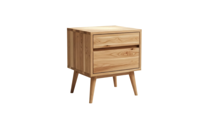 Wooden nightstand with two drawers isolated PNG, bedside table with mid-century modern design for bedroom furniture