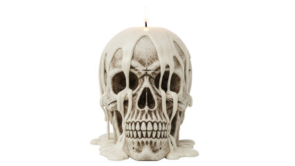 Skull candle PNG isolated on transparent background, spooky Halloween decoration with dripping wax for gothic themes and horror designs