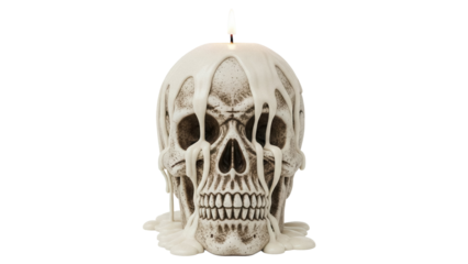 Skull candle PNG isolated on transparent background, spooky Halloween decoration with dripping wax for gothic themes and horror designs