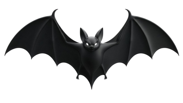 Menacing black bat with glowing eyes isolated PNG, Halloween creature with spread wings on transparent background, spooky nocturnal animal