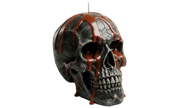 Creepy skull candle with dripping blood isolated PNG, spooky Halloween decoration for gothic horror themed designs and party supplies