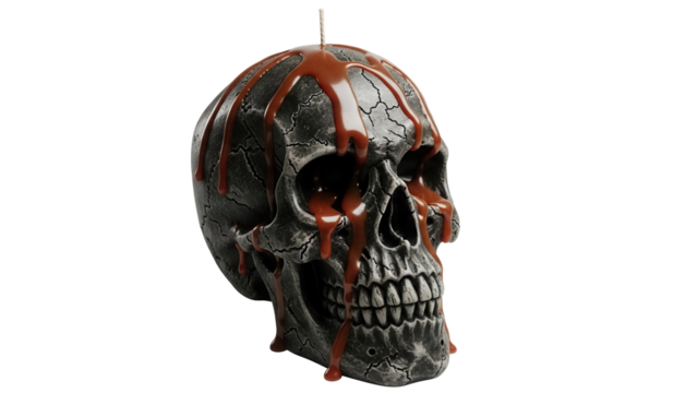 Creepy skull candle with dripping blood isolated PNG, spooky Halloween decoration for gothic horror themed designs and party supplies