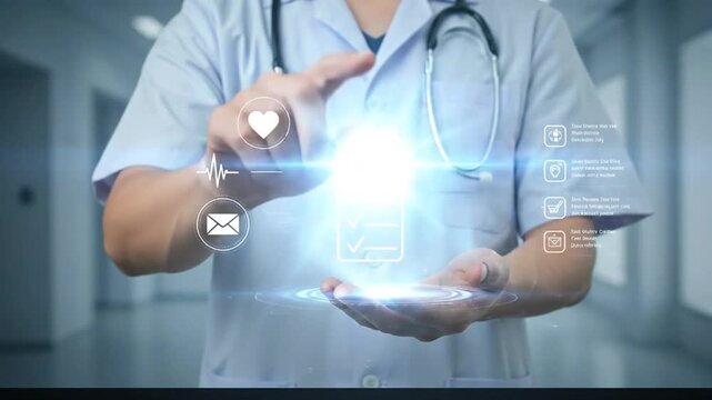 Medical Professional Interacting with Glowing Digital Health Interface, Illustrating Future Technology in Healthcare
