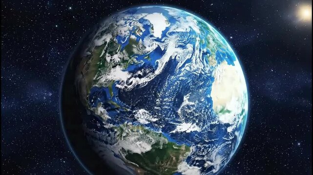 A view of the earth from space with stars and a bright sun in the background of the image