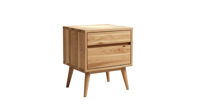 Wooden nightstand with two drawers isolated PNG, bedside table with mid-century modern design for bedroom furniture