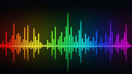 Vibrant rainbow sound equalizer bars showing digital audio spectrum analysis and frequency waveform.