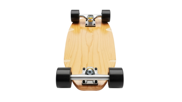 Wooden cruiser skateboard PNG isolated on transparent background, short surfboard-shaped deck with black wheels for street surfing and urban transport