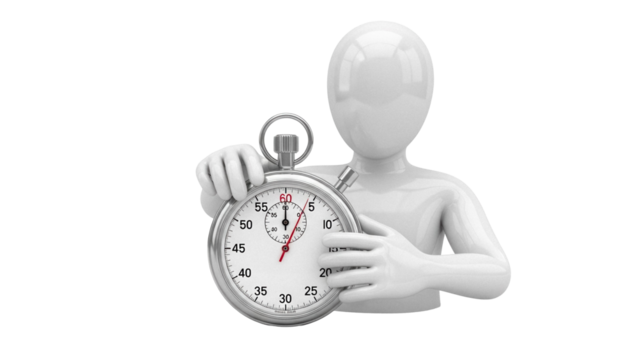 Mannequin holding a stopwatch isolated PNG on transparent background, time management concept for business and deadline use