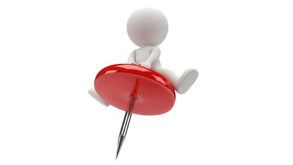 3D stick figure sitting on a red push pin isolated PNG, conceptual image for pain management and mental health awareness