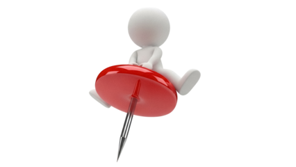 3D stick figure sitting on a red push pin isolated PNG, conceptual image for pain management and mental health awareness