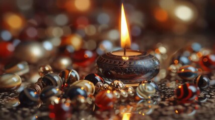 A glowing Kwanzaa candle in a kinara rests among colorful traditional beads, symbolizing unity, heritage, and cultural celebration in warm festive light - Powered by Adobe