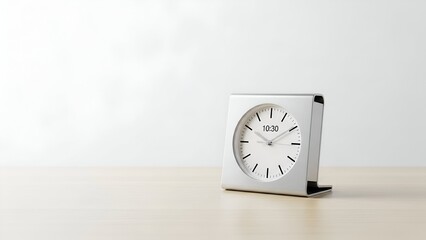 A modern silver clock displaying 1030 on a white face, resting on a wooden surface