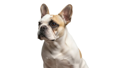 Adorable fawn and white French Bulldog PNG isolated on transparent background, cute dog with big ears looking to the side
