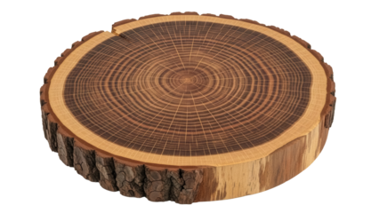 Cross section of a tree trunk isolated PNG, showing growth rings and bark, natural wood texture on transparent background