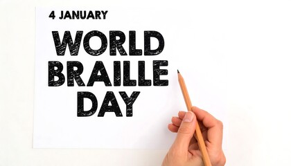 World Braille Day Concept: Hand Holding Pencil on White Background