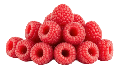 Pile of fresh red raspberries isolated PNG on transparent background, delicious and juicy summer fruit for healthy eating
