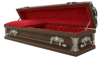 Open brown wooden coffin with red velvet interior isolated PNG, ornate funeral casket for burial or memorial service on transparent background