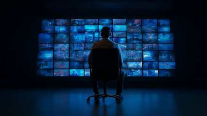 Security officer sits in dark room, monitoring multiple screens displaying surveillance footage. atmosphere is tense and focused, highlighting importance of vigilance in security operations