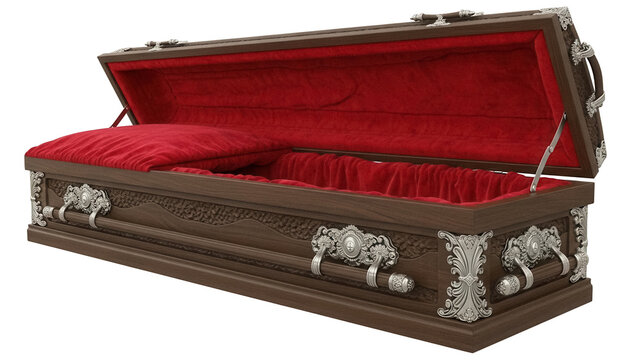 Open brown wooden coffin with red velvet interior isolated PNG, ornate funeral casket for burial or memorial service on transparent background