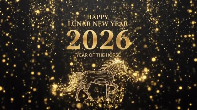 Lunar new year 2026 animated greeting with horse silhouette and golden particles