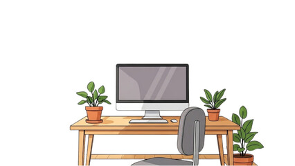 Minimalist home office desk setup with computer and plants on white background