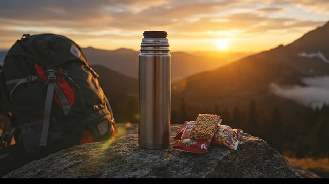 Outdoor adventure essentials: Backpack, thermos, and snack bars on a rock with a vibrant mountain sunset vista