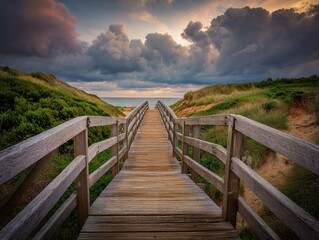 Fototapeta premium Beach dune boardwalk with sunset colorful clouds natural landscape coastal leisure outdoor scenery 