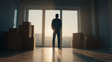 Fototapeta premium Man stands in empty living room, gazing out large window as sunlight streams in, surrounded by moving boxes. scene conveys sense of new beginnings and anticipation