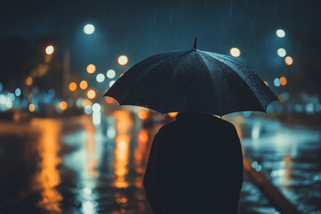 Person stands under large black umbrella on rainy night, with blurred city lights creating bokeh effect in background. scene is atmospheric and moody