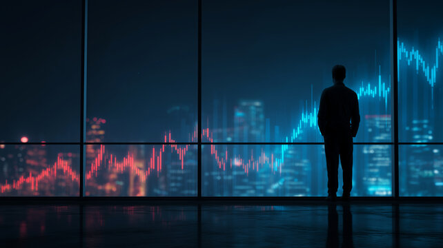 Silhouette of trader stands in front of large window, observing cityscape with glowing financial graphs. scene conveys sense of focus and anticipation