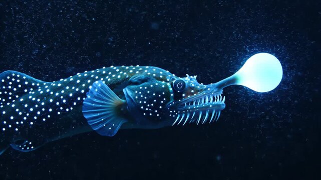 A deepsea fish with a glowing lure floats in dark water bioluminescence sharp teeth and spotted skin defining its appearance