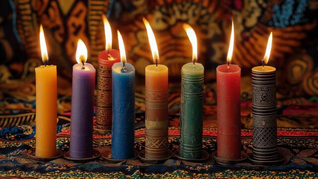 Seven lit Kwanzaa candles stand in a traditional kinara on colorful patterned fabric, symbolizing unity, heritage, and the shared values of the holiday