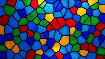 Vibrant abstract stained glass background texture pattern with colorful geometric mosaic pieces.