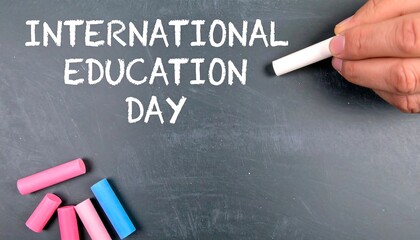 International Education Day Chalkboard Message with Colorful Chalks and Hand