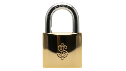 Gold padlock with dollar sign isolated PNG, symbol of wealth and security on transparent background, financial safety and investment