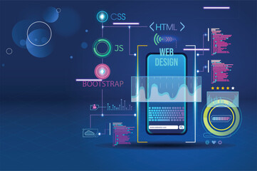 Naklejka premium Futuristic Mobile Web Design and Development Technology Illustration surrounded by glowing code elements like HTML, CSS, JS, and Bootstrap in a futuristic blue environment