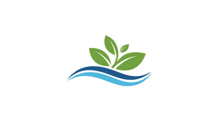 A clean and simple logo features a cluster of green leaves growing out of two stylized blue water waves against a white background.