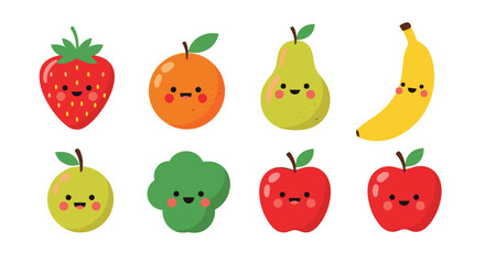 Fototapeta premium A cute collection of eight kawaii-style fruits and a vegetable with adorable smiling faces is illustrated on a plain white background.